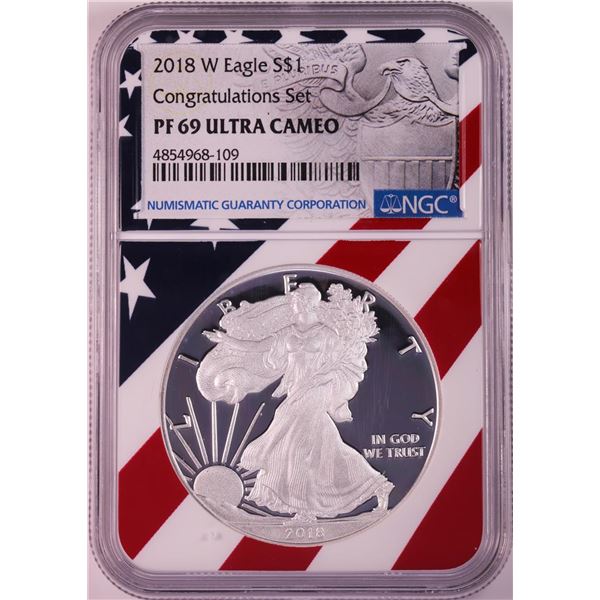 2018-W $1 Proof American Silver Eagle Coin NGC PF69 Ultra Cameo Congratulations Flag
