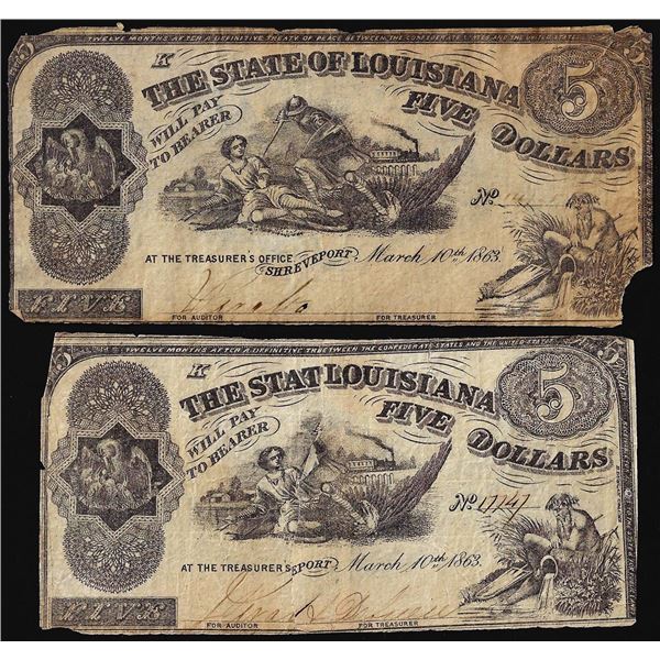 Lot of (2) 1863 $5 The State of Louisiana Baton Rouge, LA Obsolete Banknotes