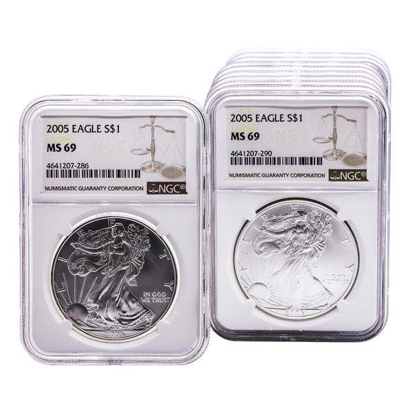 Lot of (10) 2005 $1 American Silver Eagle Coins NGC MS69