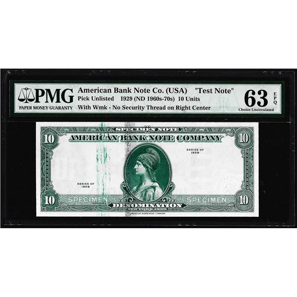 1929 10 Unit American Bank Note Co. "Test Note" PMG Choice Uncirculated 63EPQ