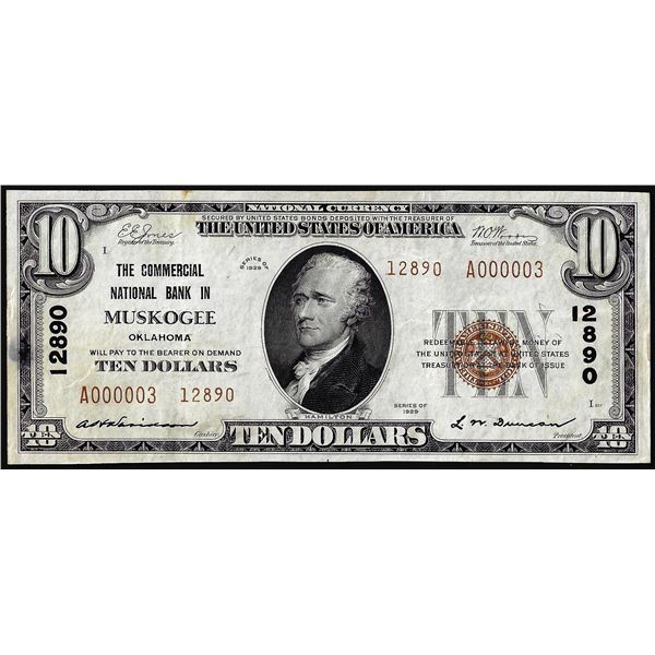 1929 $10 Commercial NB Muskogee, OK CH#12890 National Currency Note Low Serial