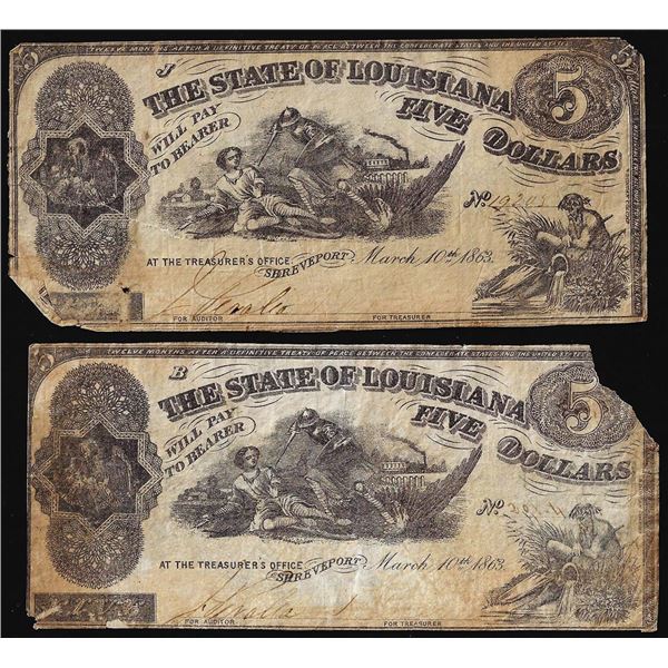 Lot of (2) 1863 $5 The State of Louisiana Baton Rouge, LA Obsolete Banknotes
