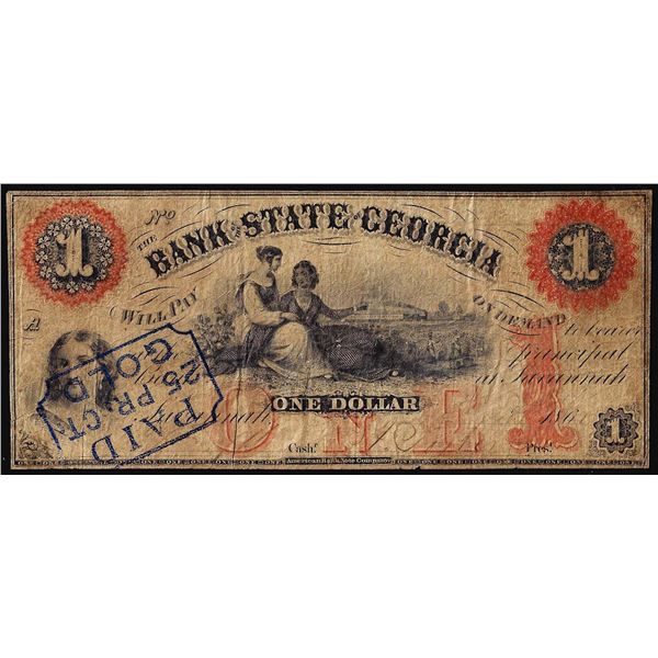 1861 Bank of the State of Georgia Savannah, Georgia Obsolete Banknote