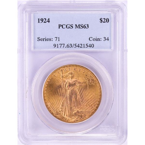 1924 $20 St. Gaudens Double Eagle Gold Coin PCGS MS63
