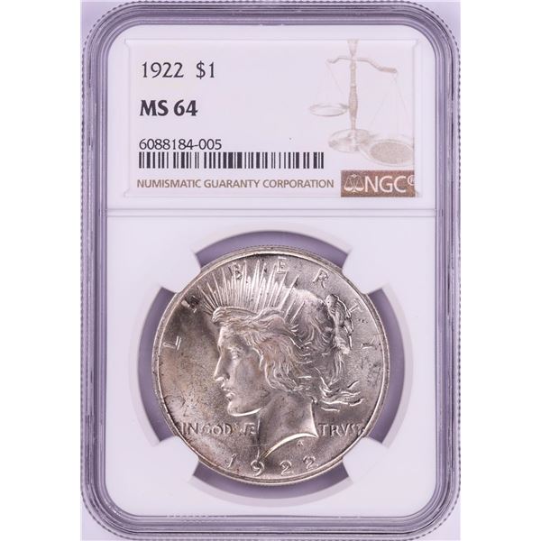 1922 $1 Peace Silver Dollar Coin NGC MS64