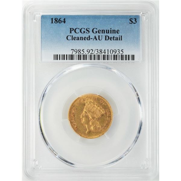 1864 $3 Indian Princess Head Gold Coin PCGS AU Details
