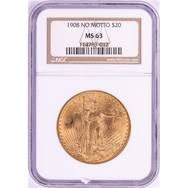1908 No Motto $20 St. Gaudens Double Eagle Gold Coin NGC MS63