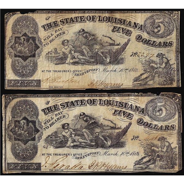 Lot of (2) 1863 $5 The State of Louisiana Baton Rouge, LA Obsolete Banknotes
