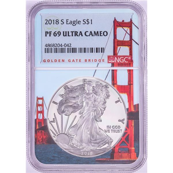 2018-S $1 Proof American Silver Eagle Coin NGC PF69 Ultra Cameo Bridge Core