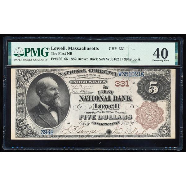 1882BB $5 First NB Lowell, MA CH# 334 National Currency Note PMG Extremely Fine 40