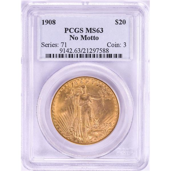 1908 No Motto $20 St. Gaudens Double Eagle Gold Coin PCGS MS63