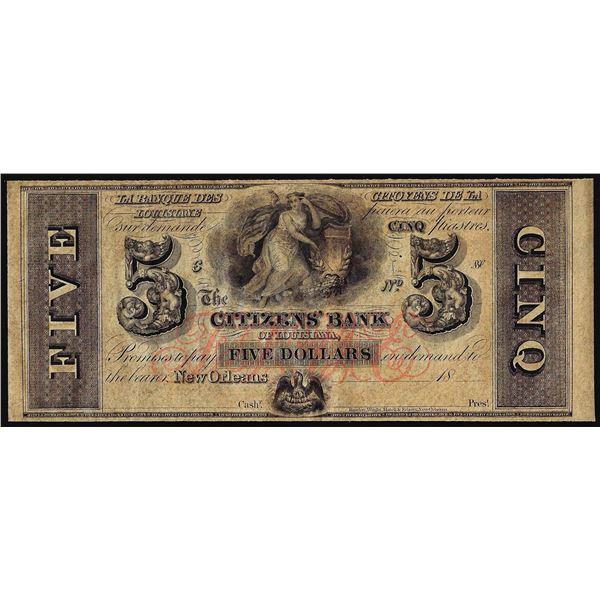 1800's $5 The Citizens Bank of Louisiana, New Orleans Obsolete Banknote