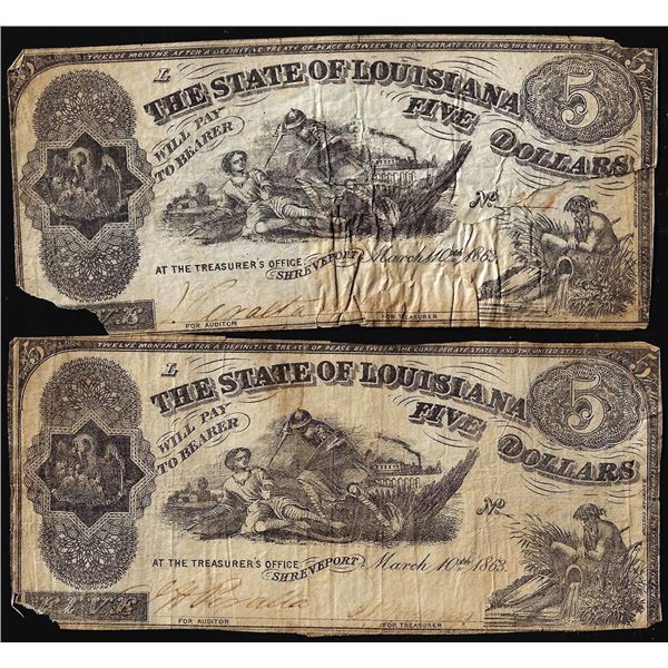 Lot of (2) 1863 $5 The State of Louisiana Baton Rouge, LA Obsolete Banknotes