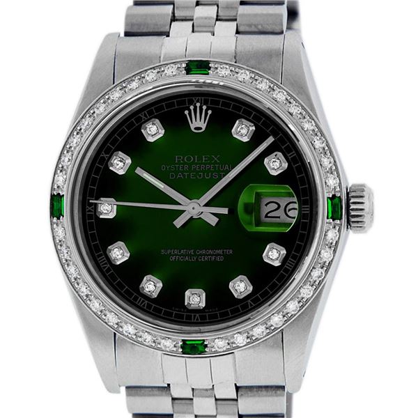 Rolex Mens Stainless Steel Diamond & Emerald Oyster Perpetual Datejust Wristwatch