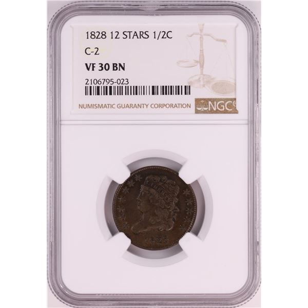1828 12 Stars C-2 Classic Head Half Cent Coin NGC VF30 BN