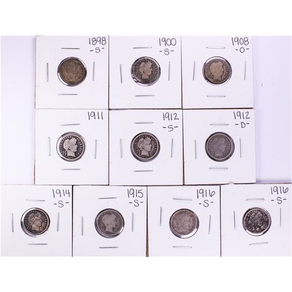 Lot of (10) Miscellaneous Date Barber Dime Coins