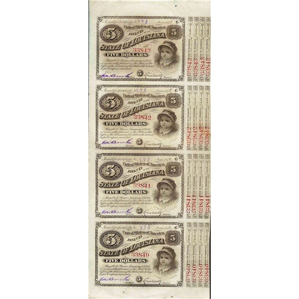 Uncut Sheet of (4) State of Louisiana Baby Bond Obsolete Notes