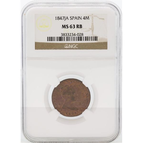 1847JA Spain 4 Maravedia Coin NGC MS63 RB