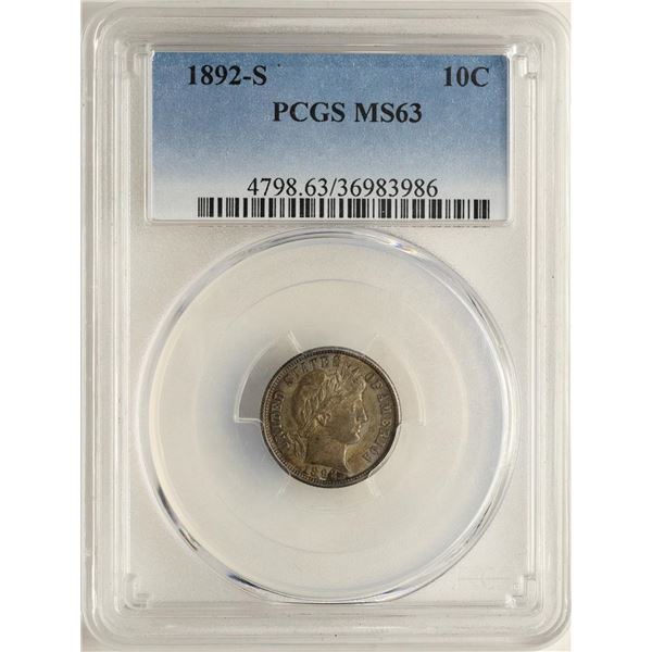 1892-S Barber Dime Coin PCGS MS63