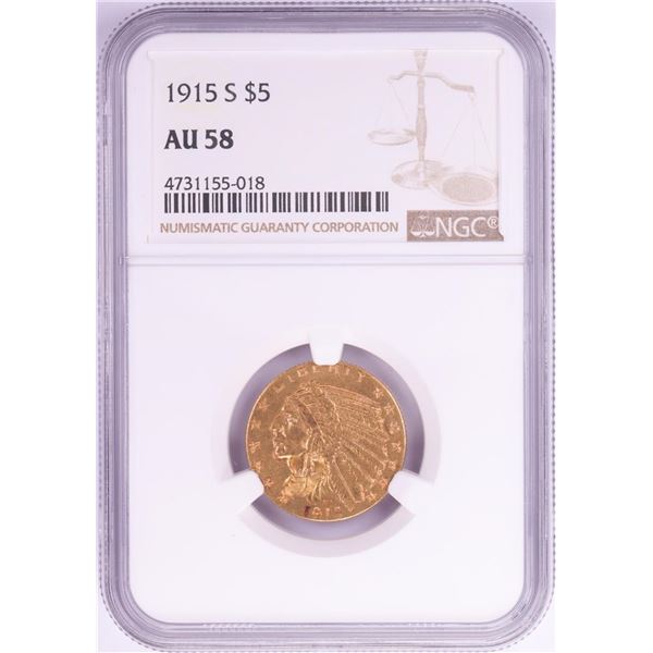 1915-S $5 Indian Head Half Eagle Gold Coin NGC AU58