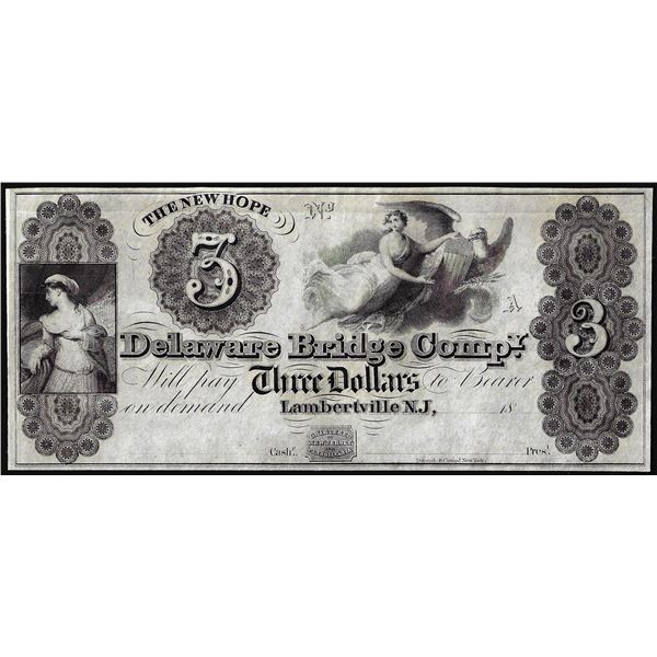 1800's $3 Delaware Bridge Lambertville, N.J.  Obsolete Banknote