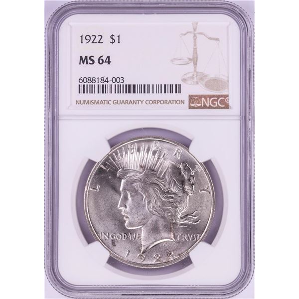 1922 $1 Peace Silver Dollar Coin NGC MS64