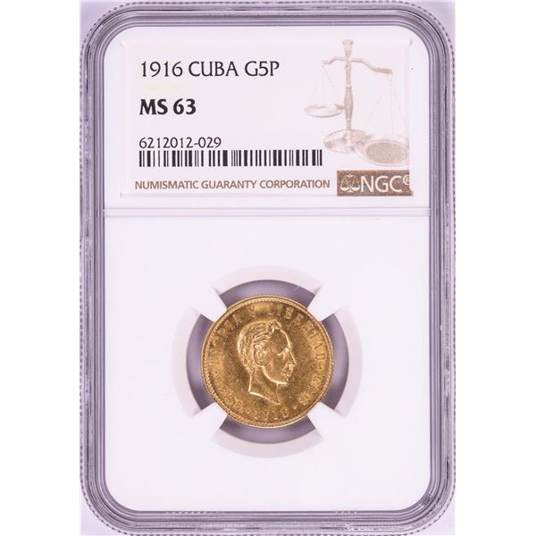 1916 Cuba 5 Pesos Gold Coin NGC MS63