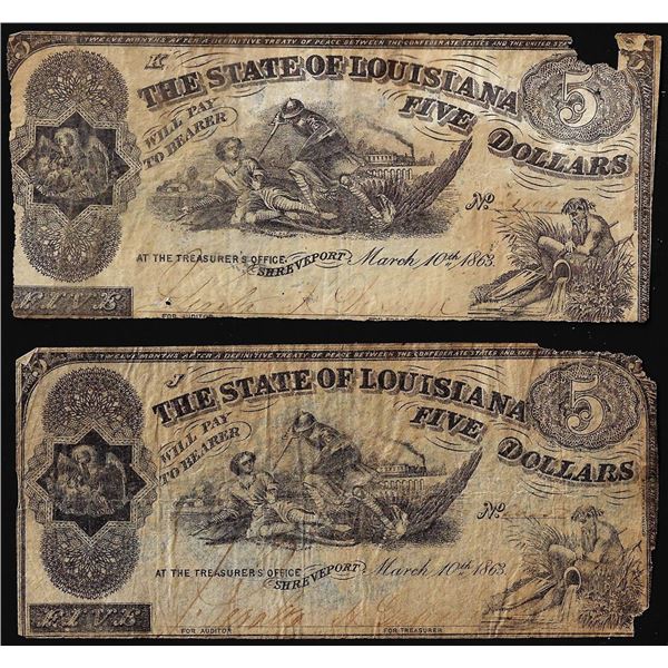 Lot of (2) 1863 $5 The State of Louisiana Baton Rouge, LA Obsolete Banknotes