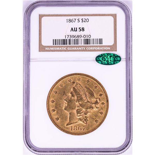 1867-S $20 Liberty Head Double Eagle Gold Coin NGC AU58 CAC