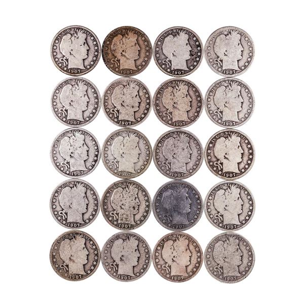 Roll of (20) 1907-P/D/O/S Barber Half Dollar Coins