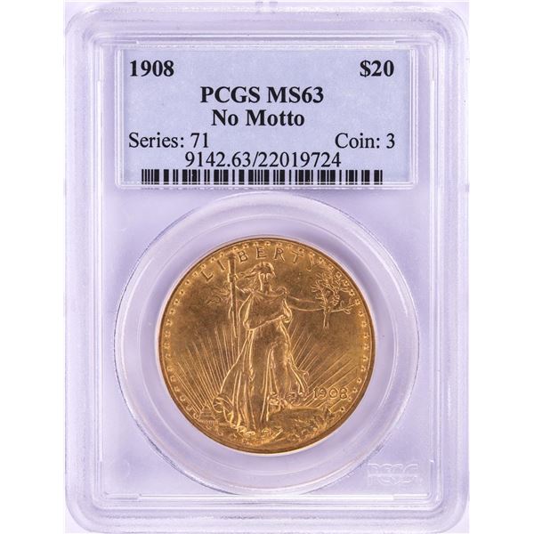 1908 No Motto $20 St. Gaudens Double Eagle Gold Coin PCGS MS63