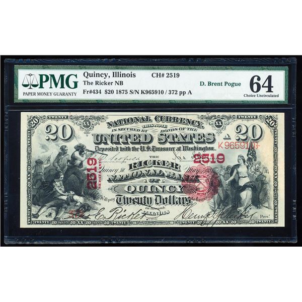 First Charter 1875 $20 Ricker NB of Quincy, IL CH# 2519 National Note PMG Ch. Unc. 64