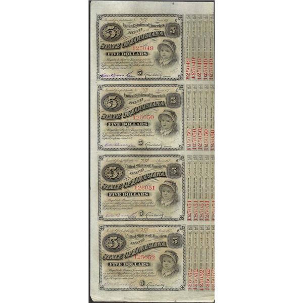 Uncut Sheet of (4) State of Louisiana Baby Bond Obsolete Notes
