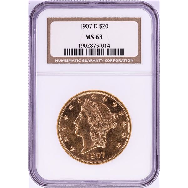 1907-D $20 Liberty Head Double Eagle Gold Coin NGC MS63