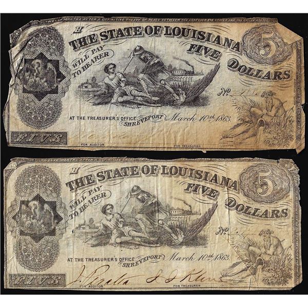 Lot of (2) 1863 $5 The State of Louisiana Baton Rouge, LA Obsolete Banknotes
