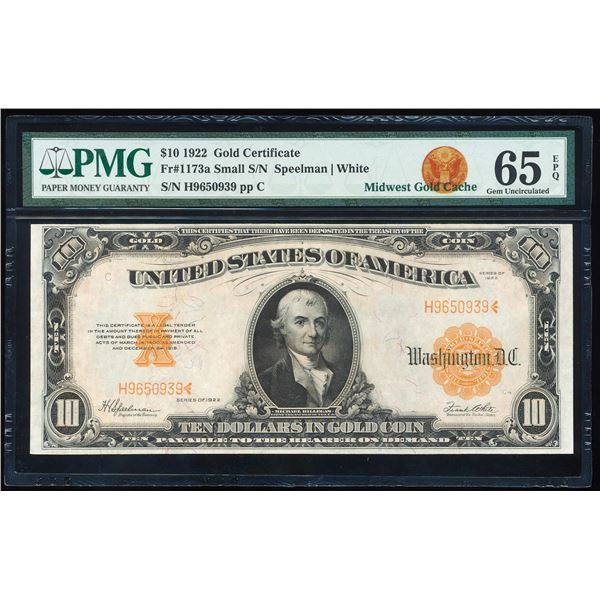 1922 $10 Gold Certificate Note Fr.1173a PMG Gem Uncirculated 65EPQ