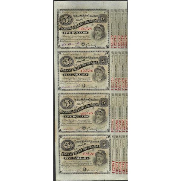 Uncut Sheet of (4) State of Louisiana Baby Bond Obsolete Notes