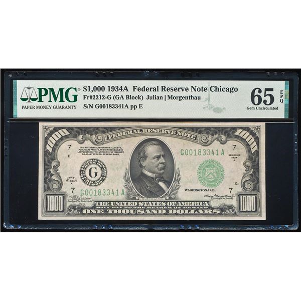 1934 $1,000 Federal Reserve Note Chicago Fr.2212-G PMG Gem Uncirculated 65EPQ