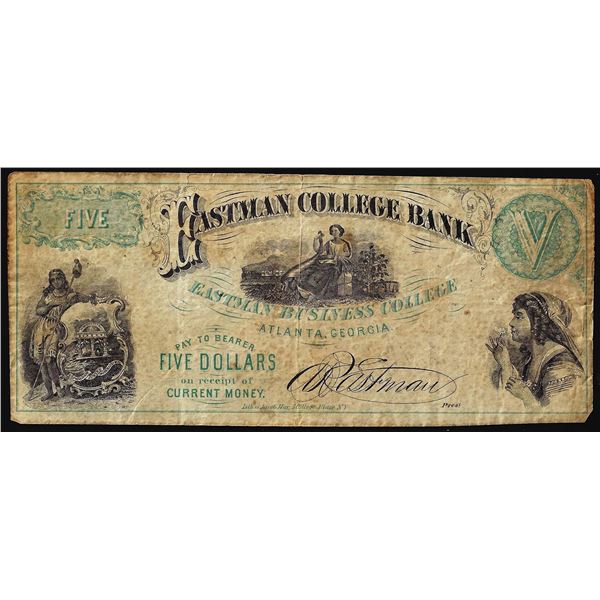 1800's $5 Eastman College Bank Atlanta, Georgia Obsolete Banknote