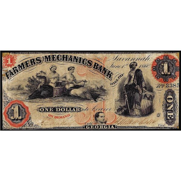 1860 The Farmers and Mechanics Bank Savannah, Georgia Obsolete Banknote