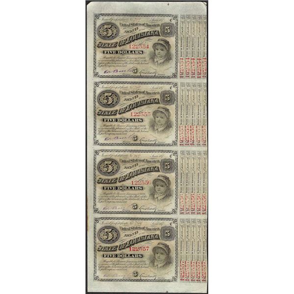 Uncut Sheet of (4) State of Louisiana Baby Bond Obsolete Notes