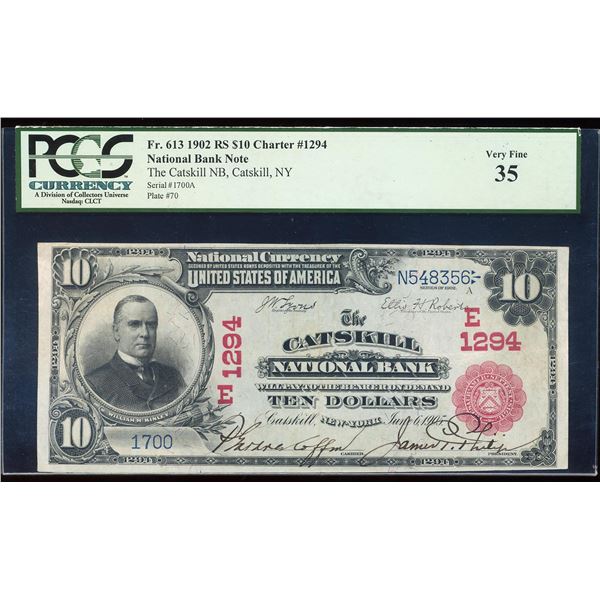 1902 Red Seal $10 Catskill, NY CH# 1294 National Currency Note PCGS Very Fine 35