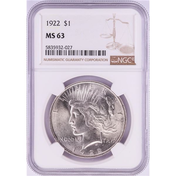 1922 $1 Peace Silver Dollar Coin NGC MS63