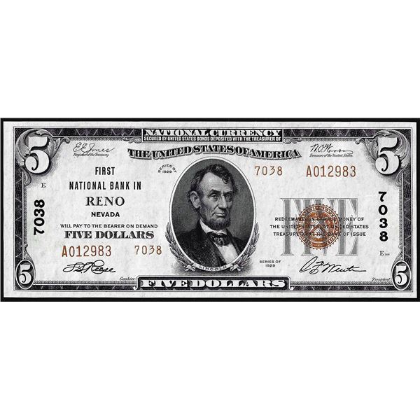 1929 $5 First National Bank Reno, NV CH# 7038 National Currency Note