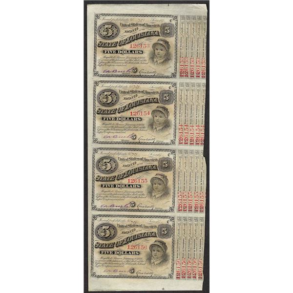 Uncut Sheet of (4) State of Louisiana Baby Bond Obsolete Notes