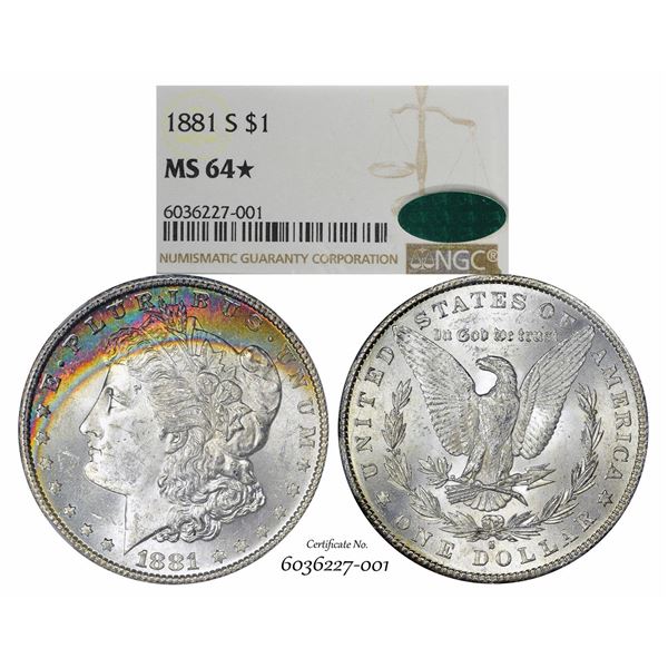 1881-S $1 Morgan Silver Dollar Coin NGC MS64* Star CAC Amazing Toning