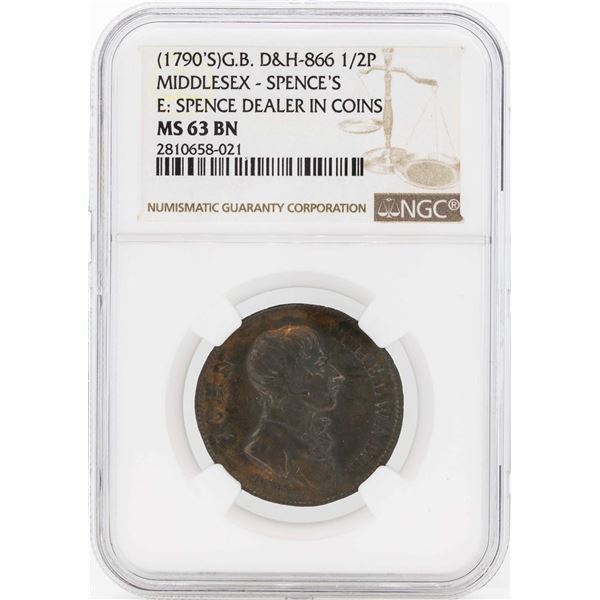 1790's Great Britain 1/2 Penny Middlesex Spences NGC MS63BN