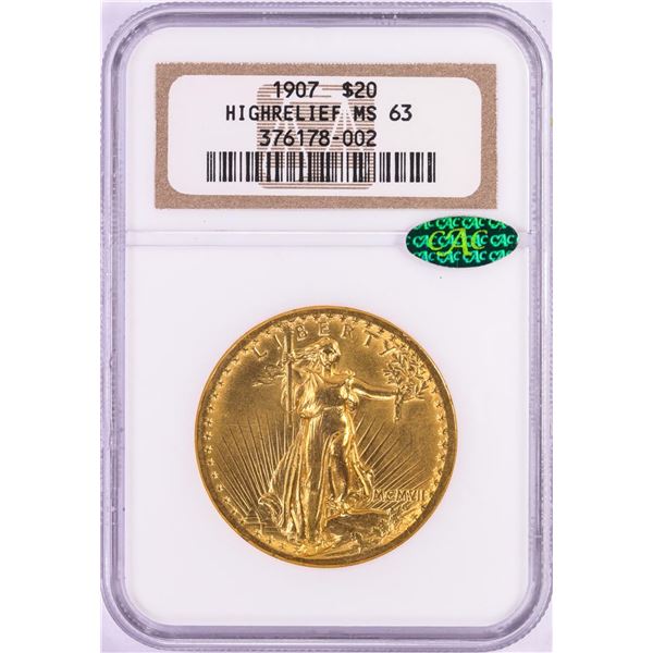 1907 High Relief $20 St. Gaudens Double Eagle Gold Coin NGC MS63 CAC Flat Edge