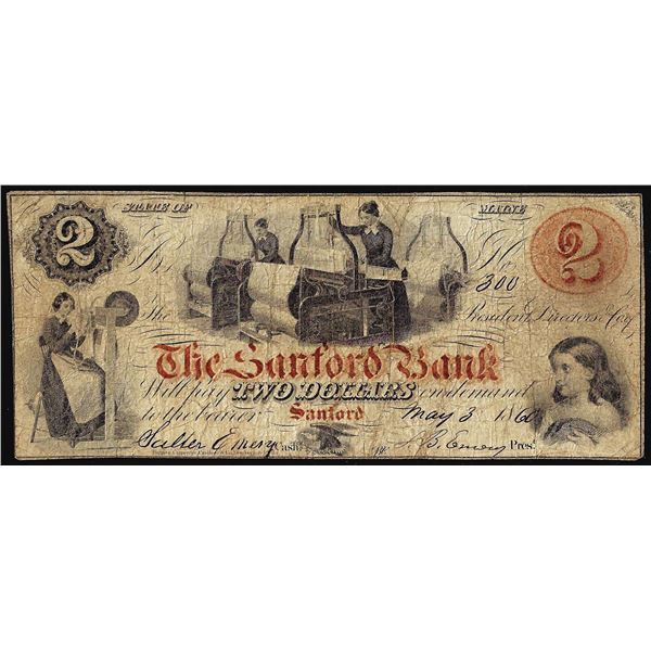 1860 $2 The Sanford Bank Sanford, ME Obsolete Banknote