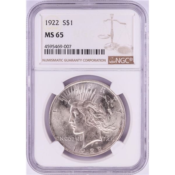 1922 $1 Peace Silver Dollar Coin NGC MS65